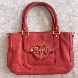 Tory Burch Genuine Leather Orange w/ Gold Tone Accents Handbag Purse Bold Logo